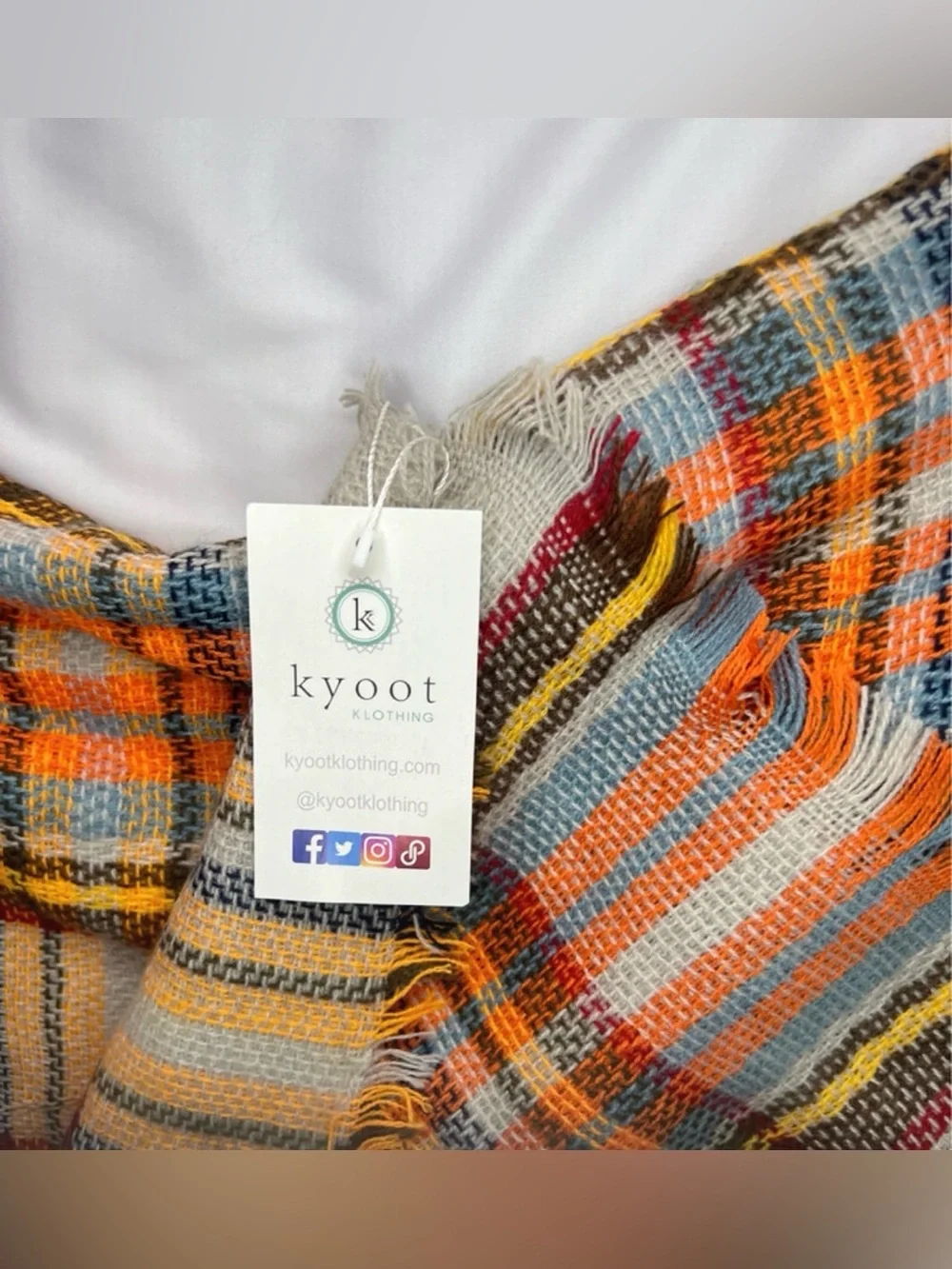 NWT Kyoot Klothing Plaid Blanket Scarf Orange Grey Tartan Scarf Size 58” X 57”